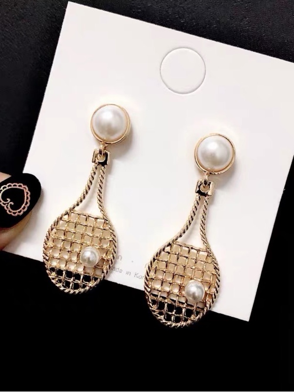 Gold Pearl Tennis Racket Drop Earrings - Women Jewelry
